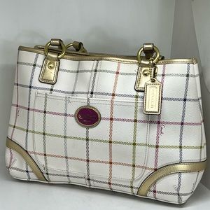 Coach💥NEW~SOLD OUT💥F19176 Hampton Ivory Multi Tattersall Plaid PVC Canvas Tote